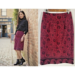 Briggs Suede Velour Skirt Sz 8P Midi Burgundy Red Black Floral Western Romantic
